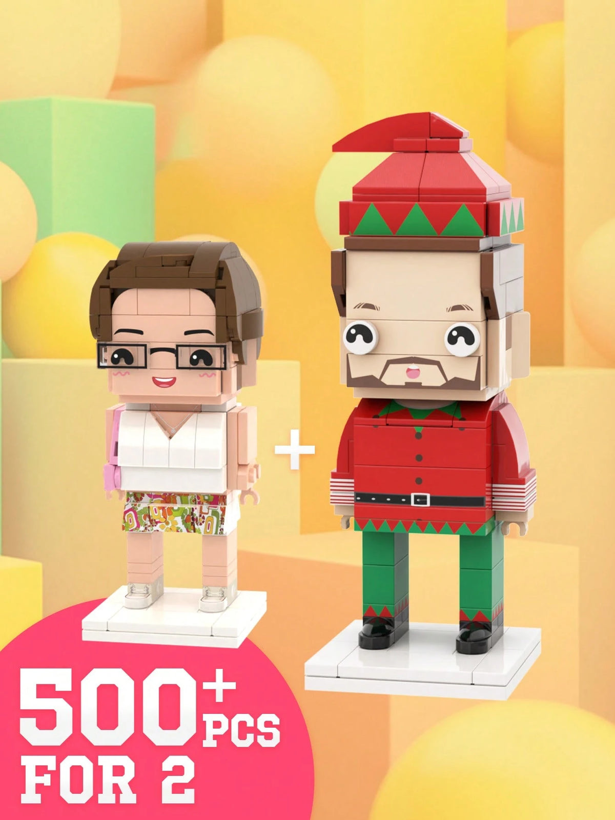 1pc Customized Brick Figure Doll (Over 300 Bricks), Brick Couple Figurine, Square-Faced Brick Head Portrait, Full-Body Brick Figure Doll Gift For Adults 14+ Years Old, For Family, Personalized Gift, A