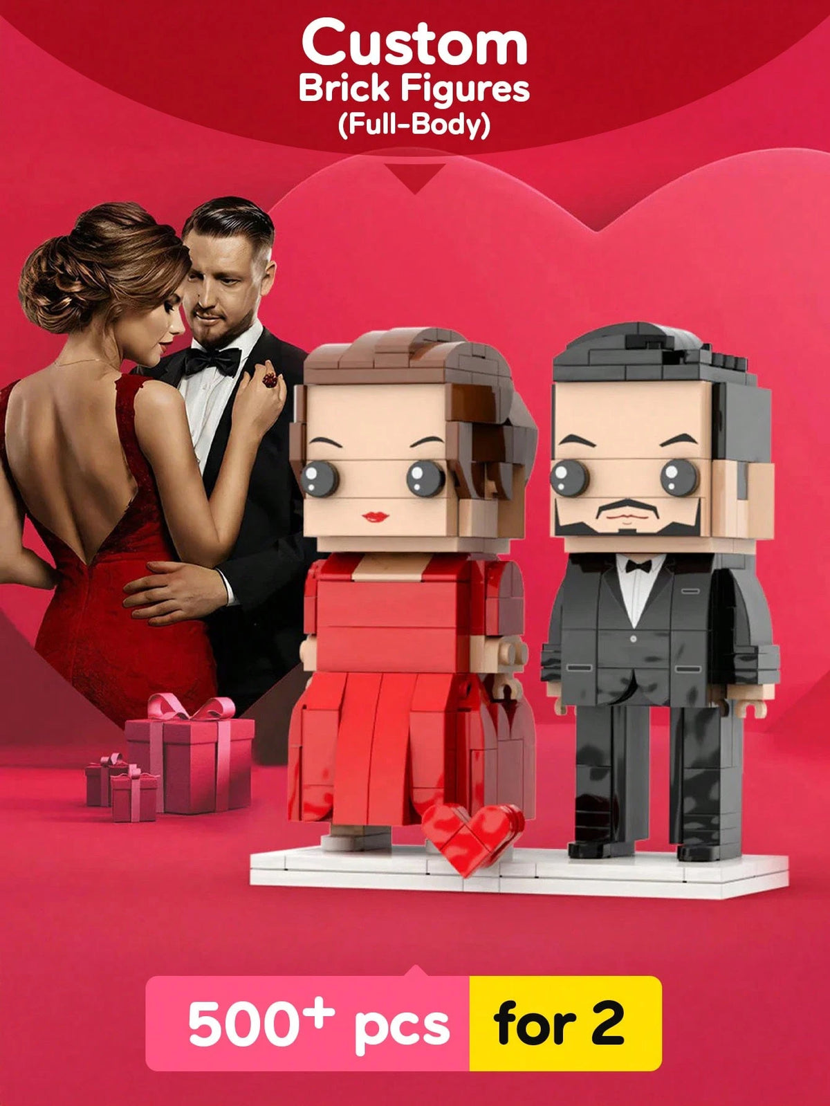 1pc Customized Brick Figure Doll (Over 300 Bricks), Brick Couple Figurine, Square-Faced Brick Head Portrait, Full-Body Brick Figure Doll Gift For Adults 14+ Years Old, For Family, Personalized Gift, A