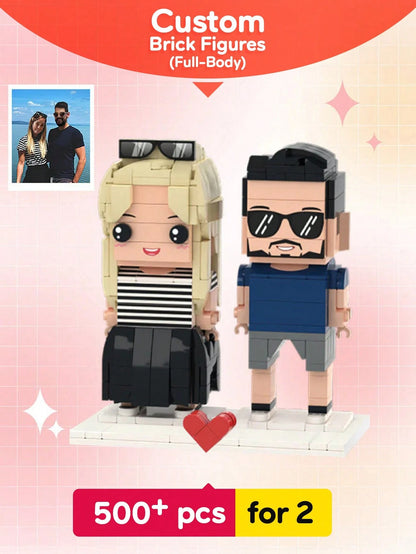1pc Customized Brick Figure Doll (Over 300 Bricks), Brick Couple Figurine, Square-Faced Brick Head Portrait, Full-Body Brick Figure Doll Gift For Adults 14+ Years Old, For Family, Personalized Gift, A
