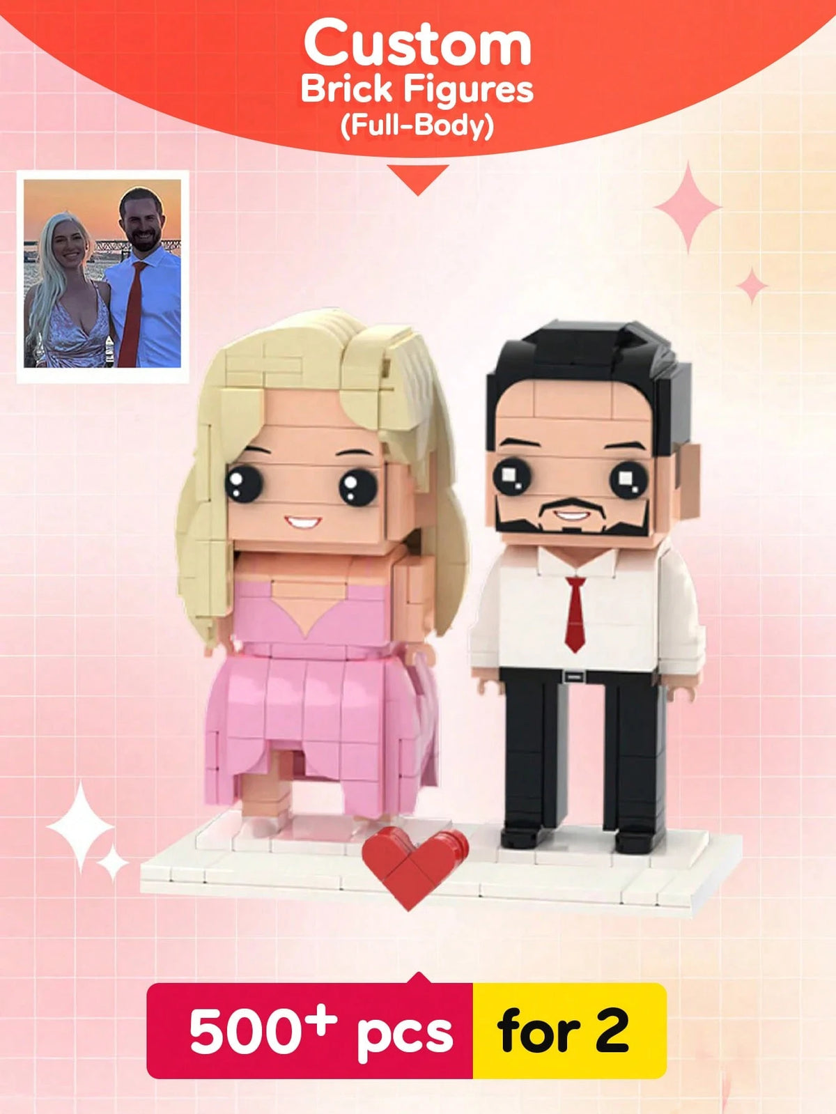 1pc Customized Brick Figure Doll (Over 300 Bricks), Brick Couple Figurine, Square-Faced Brick Head Portrait, Full-Body Brick Figure Doll Gift For Adults 14+ Years Old, For Family, Personalized Gift, A