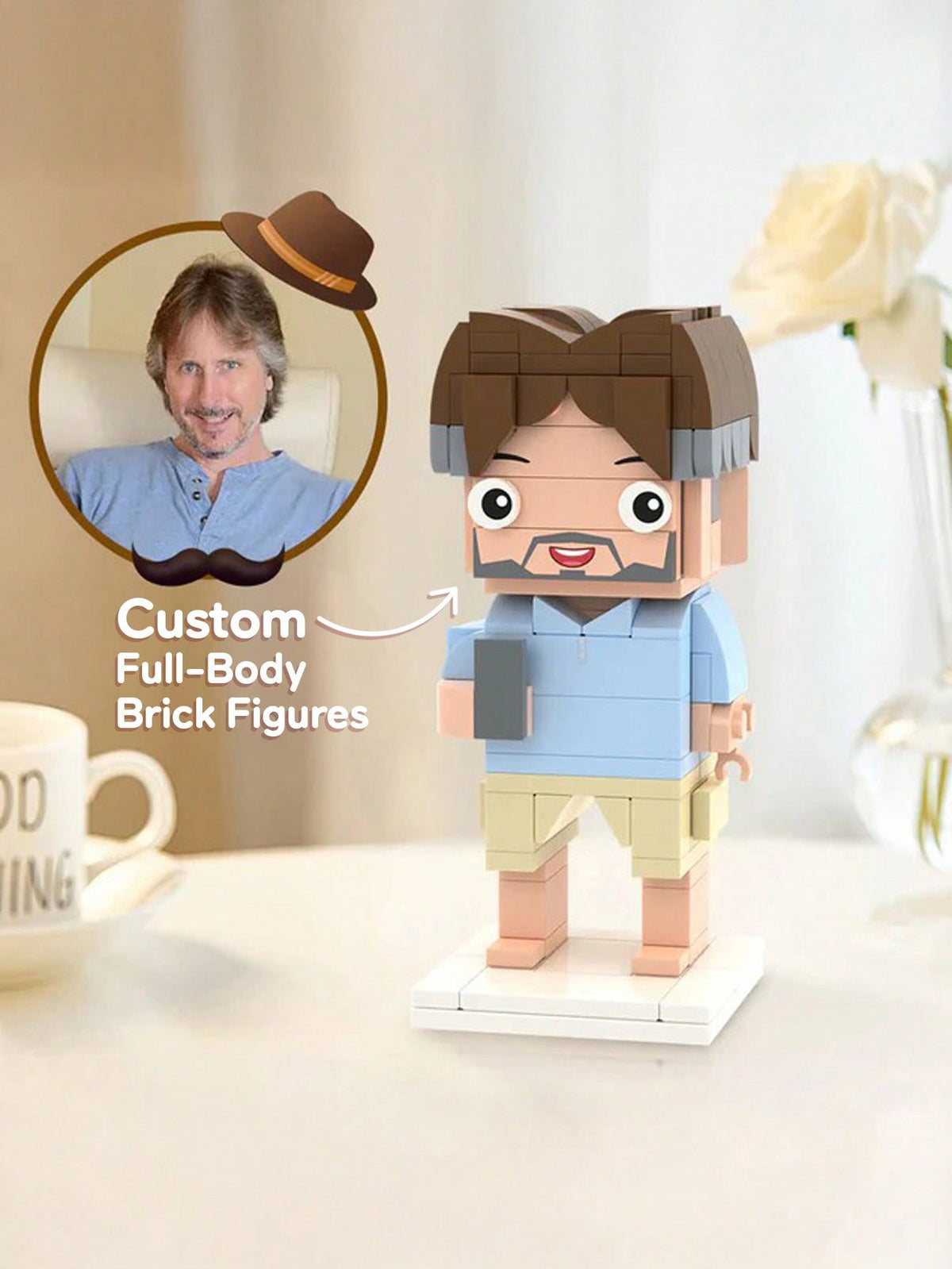 1pc Customized Brick Figure Doll (Over 300 Bricks), Brick Couple Figurine, Square-Faced Brick Head Portrait, Full-Body Brick Figure Doll Gift For Adults 14+ Years Old, For Family, Personalized Gift, A