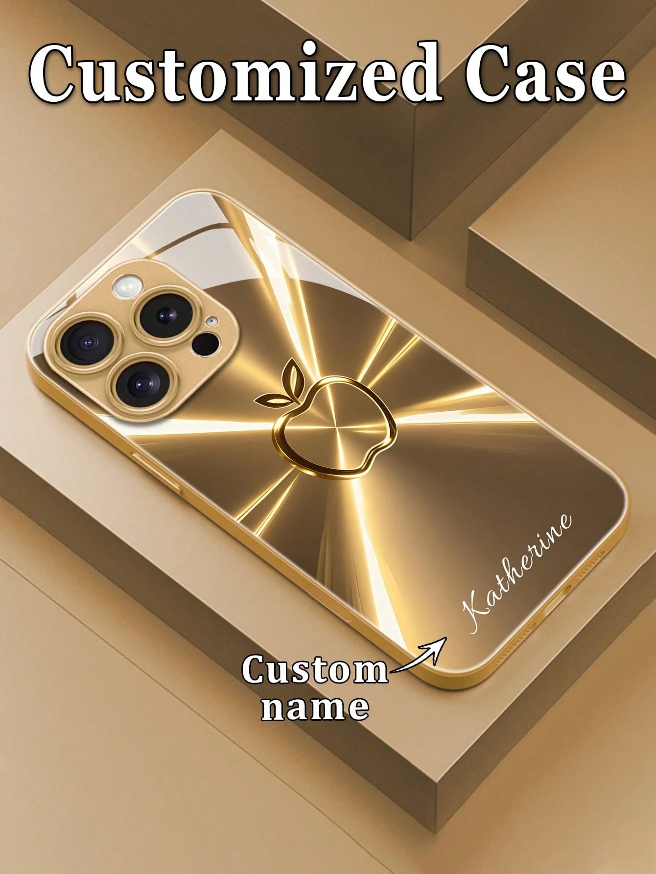 1pc Customized Name High Definition Electroplated Gold Glass Phone Case Gradient Printed Pattern Compatible With 17ProMax/16 Pro Max/15/14 Plus/13 Pro/12 Pro Max/11/XsMax/8/7/6Plus Phone Accessories