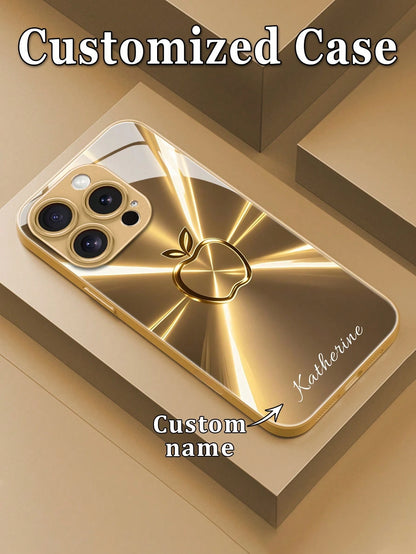 1pc Customized Name High Definition Electroplated Gold Glass Phone Case Gradient Printed Pattern Compatible With 17ProMax/16 Pro Max/15/14 Plus/13 Pro/12 Pro Max/11/XsMax/8/7/6Plus Phone Accessories