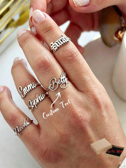 1pc Customized Name Ring, Personalized Name Ring For Women And Men, Open Adjustable Stainless Steel Gold Plated, Christmas Jewelry Gift For Her Mom