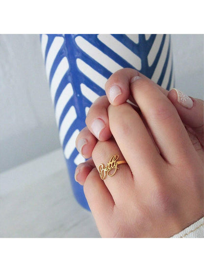 1pc Customized Name Ring, Personalized Name Ring For Women And Men, Open Adjustable Stainless Steel Gold Plated, Christmas Jewelry Gift For Her Mom
