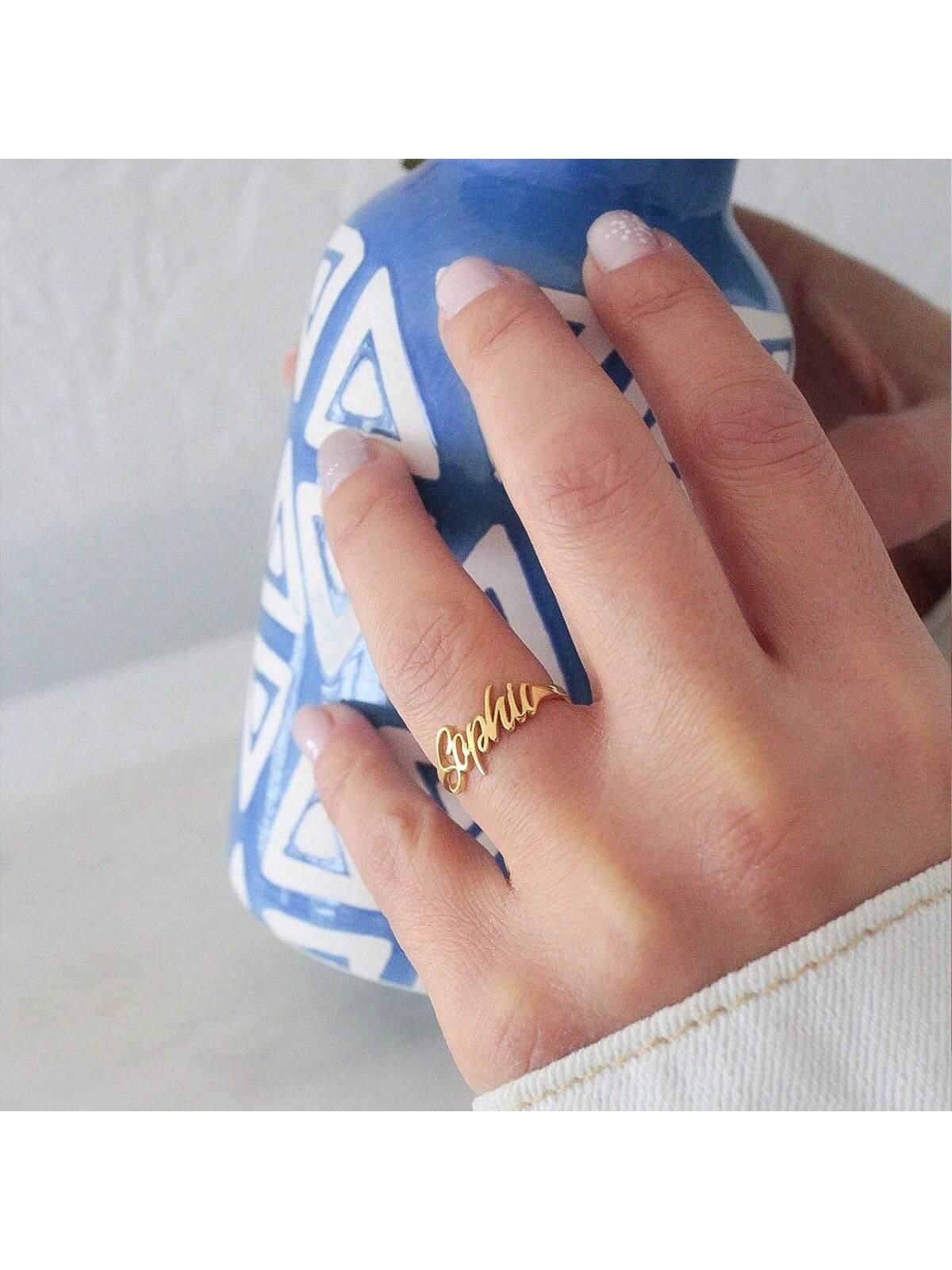 1pc Customized Name Ring, Personalized Name Ring For Women And Men, Open Adjustable Stainless Steel Gold Plated, Christmas Jewelry Gift For Her Mom