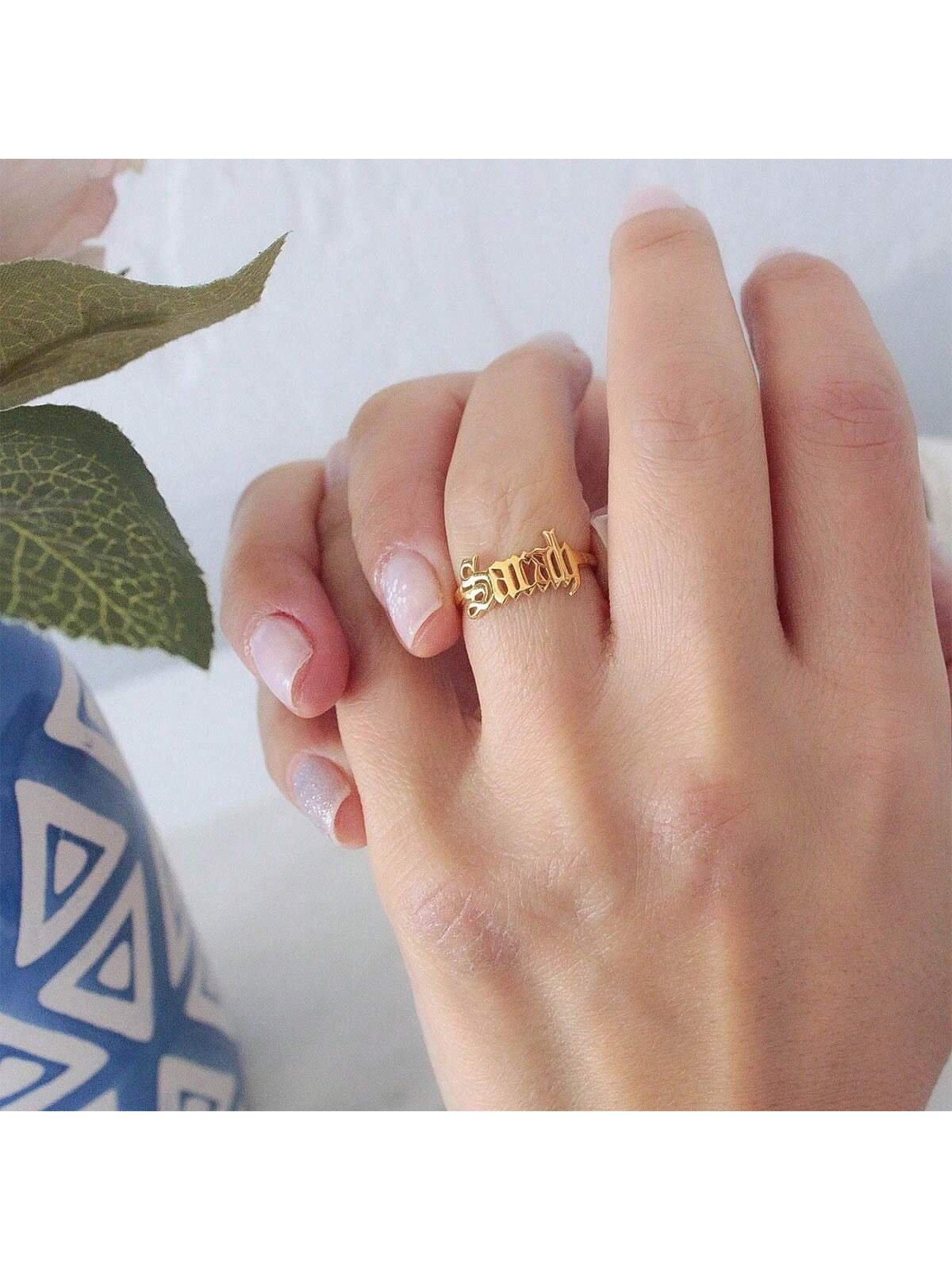 1pc Customized Name Ring, Personalized Name Ring For Women And Men, Open Adjustable Stainless Steel Gold Plated, Christmas Jewelry Gift For Her Mom