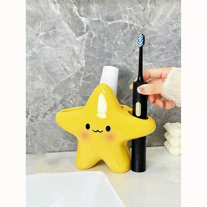 1pc Cute Star-Shaped Plastic Toothbrush Holder- Standalone Bathroom Storage Rack, Adorable Design, Made Of Durable Plastic, Space-Saving, Can Hold Toothbrush And Toothpaste (Sticker Pattern Needs To