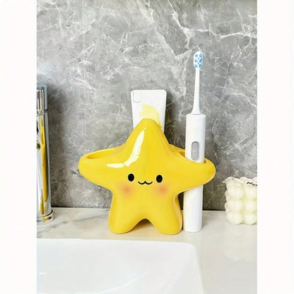 1pc Cute Star-Shaped Plastic Toothbrush Holder- Standalone Bathroom Storage Rack, Adorable Design, Made Of Durable Plastic, Space-Saving, Can Hold Toothbrush And Toothpaste (Sticker Pattern Needs To