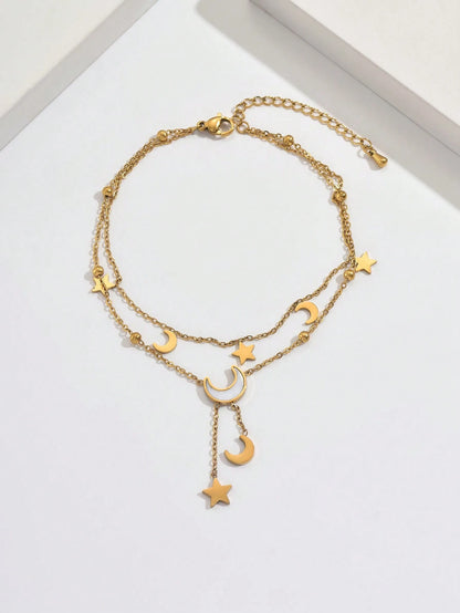 1pc Delicate Multi-Layer Star & Moon Pendant Anklet, Versatile Elegant Playful Beach Holiday Essential, Suitable For Gifts And Personal Use
