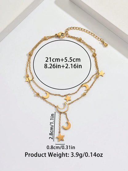 1pc Delicate Multi-Layer Star & Moon Pendant Anklet, Versatile Elegant Playful Beach Holiday Essential, Suitable For Gifts And Personal Use