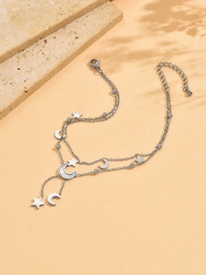 1pc Delicate Multi-Layer Star & Moon Pendant Anklet, Versatile Elegant Playful Beach Holiday Essential, Suitable For Gifts And Personal Use