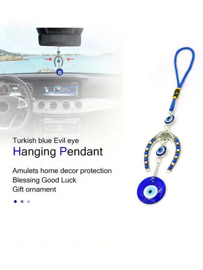 1pc Devil Eye & Horseshoe Shaped Blue Eye Rhinestone Decor Lucky Charm Keychain Pendant