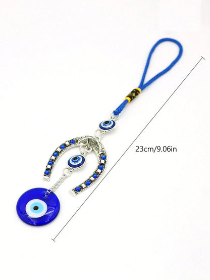 1pc Devil Eye & Horseshoe Shaped Blue Eye Rhinestone Decor Lucky Charm Keychain Pendant