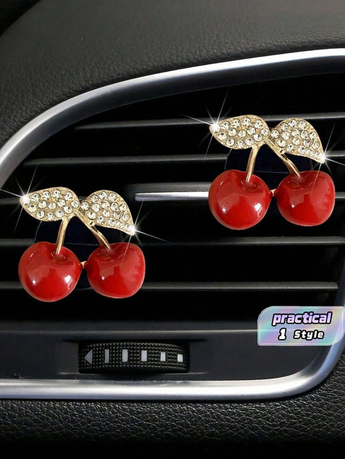 1PC Diamond Inlaid Red Cherry Air Vent Clip Easy Install Shiny Decorative Car Interior Ornament Vibrant Aesthetic Vehicle Daily Holiday Party Atmosphere Boosting Small Gift Accessory