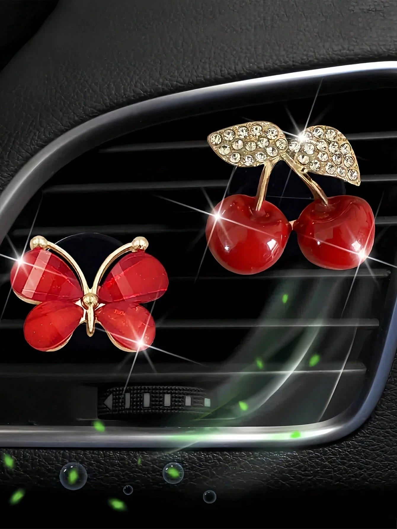 1PC Diamond Inlaid Red Cherry Air Vent Clip Easy Install Shiny Decorative Car Interior Ornament Vibrant Aesthetic Vehicle Daily Holiday Party Atmosphere Boosting Small Gift Accessory