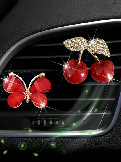 1PC Diamond Inlaid Red Cherry Air Vent Clip Easy Install Shiny Decorative Car Interior Ornament Vibrant Aesthetic Vehicle Daily Holiday Party Atmosphere Boosting Small Gift Accessory