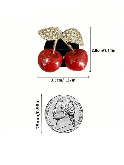 1PC Diamond Inlaid Red Cherry Air Vent Clip Easy Install Shiny Decorative Car Interior Ornament Vibrant Aesthetic Vehicle Daily Holiday Party Atmosphere Boosting Small Gift Accessory