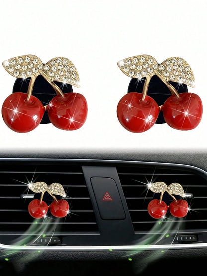 1PC Diamond Inlaid Red Cherry Air Vent Clip Easy Install Shiny Decorative Car Interior Ornament Vibrant Aesthetic Vehicle Daily Holiday Party Atmosphere Boosting Small Gift Accessory