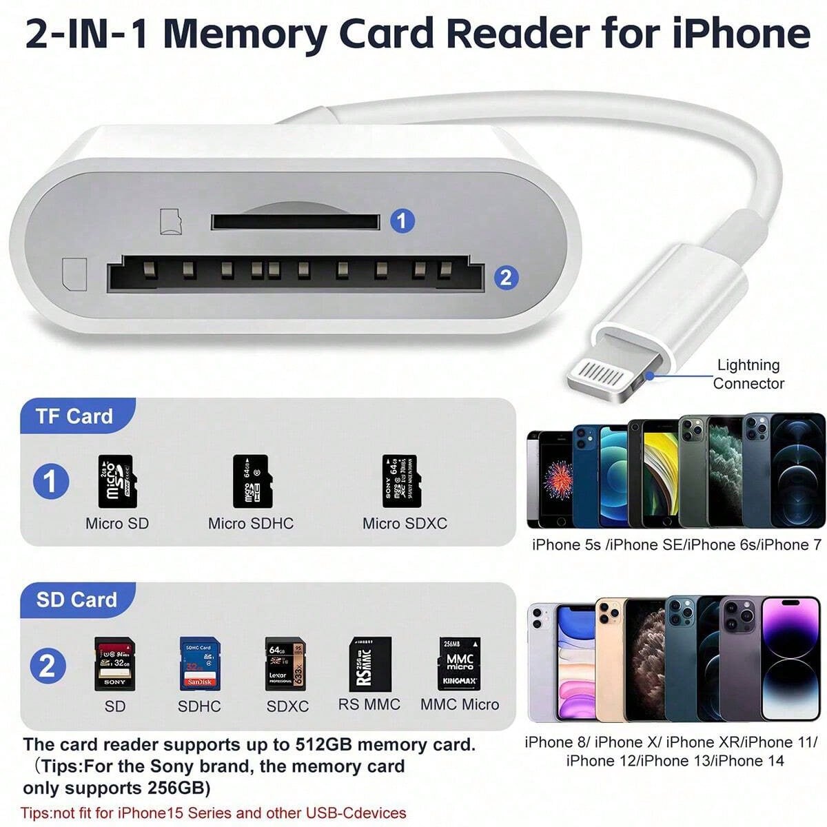 1pc Dual Slot USB-C/Lightning SD/TF Card Reader Adapter, Portable Camera Viewer SD Card Adapter Plug And Play, Compatible With IPhone 17/16/15/14/13/12/11/XS/8/7/6/IPad/Camera/Action Camera