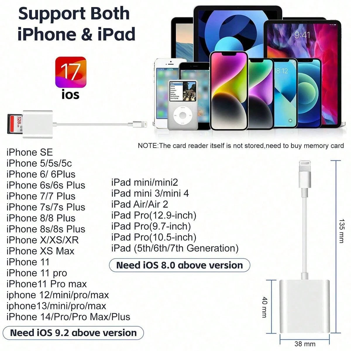 1pc Dual Slot USB-C/Lightning SD/TF Card Reader Adapter, Portable Camera Viewer SD Card Adapter Plug And Play, Compatible With IPhone 17/16/15/14/13/12/11/XS/8/7/6/IPad/Camera/Action Camera