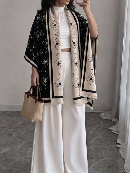 1pc Elegant Four-Leaf Flower Pattern Jacquard Faux Cashmere Warm Scarf For Women, Autumn/Winter Cold-Proof Neck Warmer, Fashionable Versatile Air Conditioning Shawl Blanket, Suitable For Daily Matchin