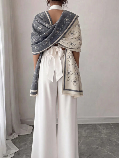 1pc Elegant Four-Leaf Flower Pattern Jacquard Faux Cashmere Warm Scarf For Women, Autumn/Winter Cold-Proof Neck Warmer, Fashionable Versatile Air Conditioning Shawl Blanket, Suitable For Daily Matchin