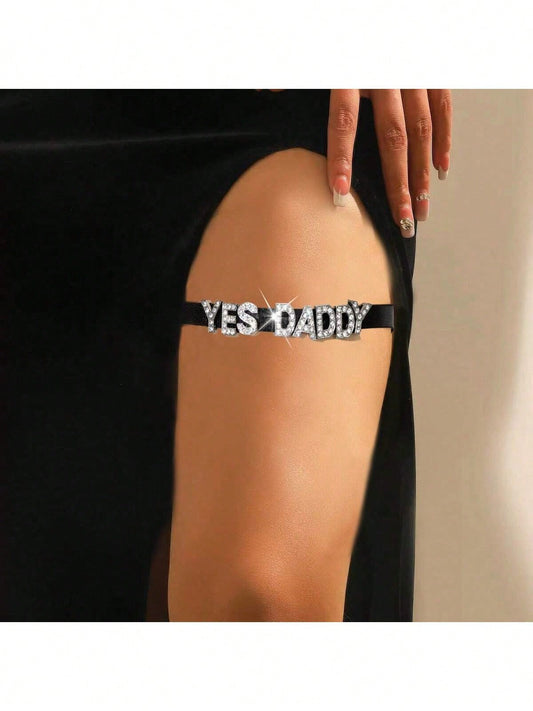 1pc European And American New Sexy Diamond Glitter Letter Elastic Thigh Garter, Letter Print Punk Style Thigh Chain, Thigh Jewelry, Body Chain Lingerie Accessory, Suitable For Halloween, Christmas, Va