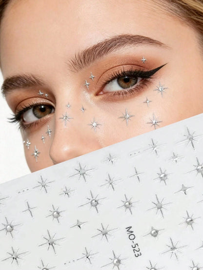 1pc European And American Style Silver Starburst Rhinestone Face Sticker, Adhesive-Free Design, Easy To Create Atmospheric Makeup. Built-In Transparent Rhinestone Accents, Staggered Starburst Shape, S