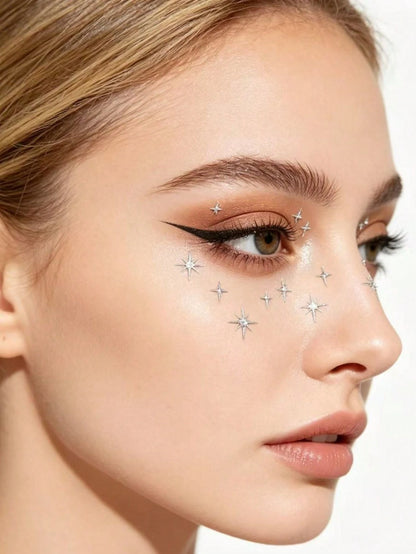 1pc European And American Style Silver Starburst Rhinestone Face Sticker, Adhesive-Free Design, Easy To Create Atmospheric Makeup. Built-In Transparent Rhinestone Accents, Staggered Starburst Shape, S