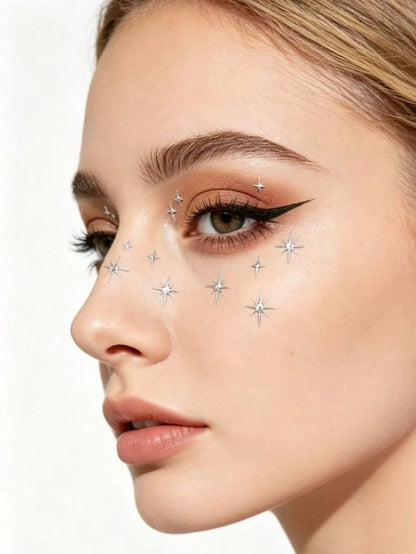1pc European And American Style Silver Starburst Rhinestone Face Sticker, Adhesive-Free Design, Easy To Create Atmospheric Makeup. Built-In Transparent Rhinestone Accents, Staggered Starburst Shape, S