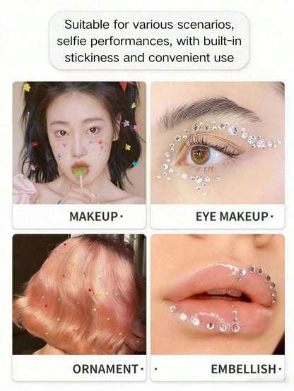 1pc European And American Style Silver Starburst Rhinestone Face Sticker, Adhesive-Free Design, Easy To Create Atmospheric Makeup. Built-In Transparent Rhinestone Accents, Staggered Starburst Shape, S