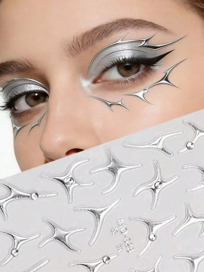 1pc European And American Style Silver Starburst Rhinestone Face Sticker, Adhesive-Free Design, Easy To Create Atmospheric Makeup. Built-In Transparent Rhinestone Accents, Staggered Starburst Shape, S