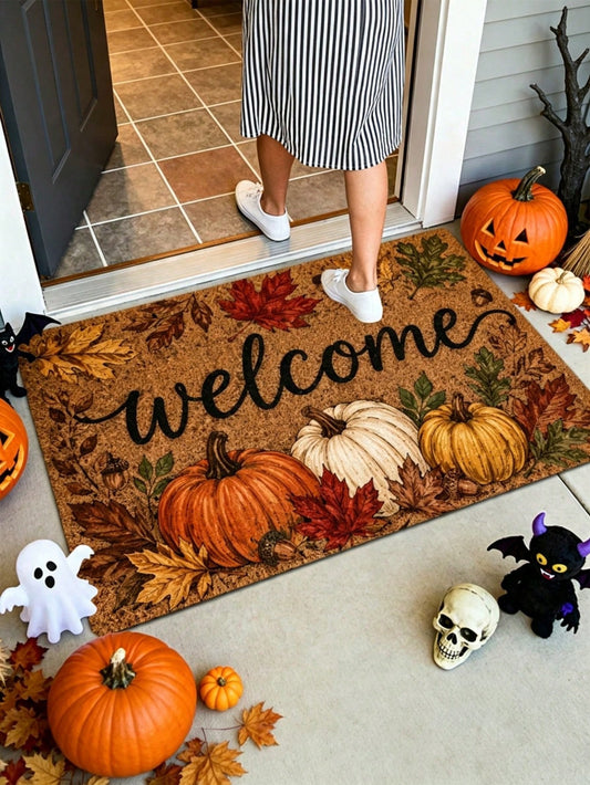 1pc Fall Pumpkin And Maple Leaf Welcome Pattern Rugs/Door Mat, Nonslip Comfortable, Easy To Clean, Ideal For Entryway Bedroom Living Room, Fall Decor, Halloween Decor, Fall Home Decor, Home Decor