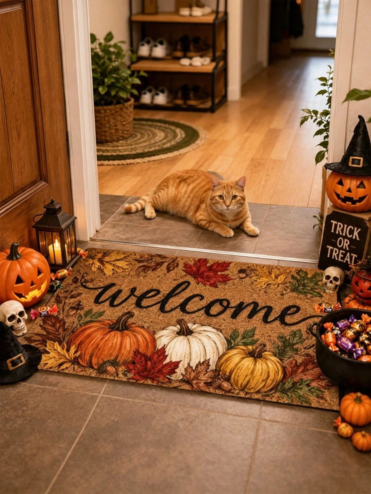 1pc Fall Pumpkin And Maple Leaf Welcome Pattern Rugs/Door Mat, Nonslip Comfortable, Easy To Clean, Ideal For Entryway Bedroom Living Room, Fall Decor, Halloween Decor, Fall Home Decor, Home Decor
