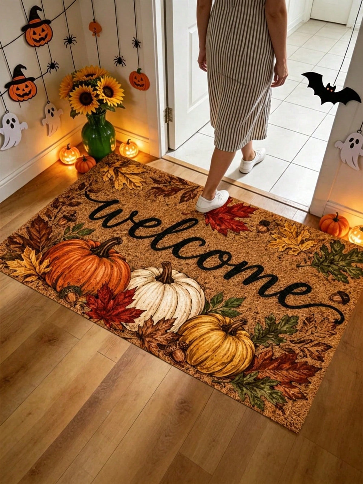 1pc Fall Pumpkin And Maple Leaf Welcome Pattern Rugs/Door Mat, Nonslip Comfortable, Easy To Clean, Ideal For Entryway Bedroom Living Room, Fall Decor, Halloween Decor, Fall Home Decor, Home Decor
