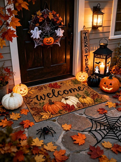 1pc Fall Pumpkin And Maple Leaf Welcome Pattern Rugs/Door Mat, Nonslip Comfortable, Easy To Clean, Ideal For Entryway Bedroom Living Room, Fall Decor, Halloween Decor, Fall Home Decor, Home Decor