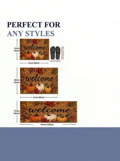 1pc Fall Pumpkin And Maple Leaf Welcome Pattern Rugs/Door Mat, Nonslip Comfortable, Easy To Clean, Ideal For Entryway Bedroom Living Room, Fall Decor, Halloween Decor, Fall Home Decor, Home Decor