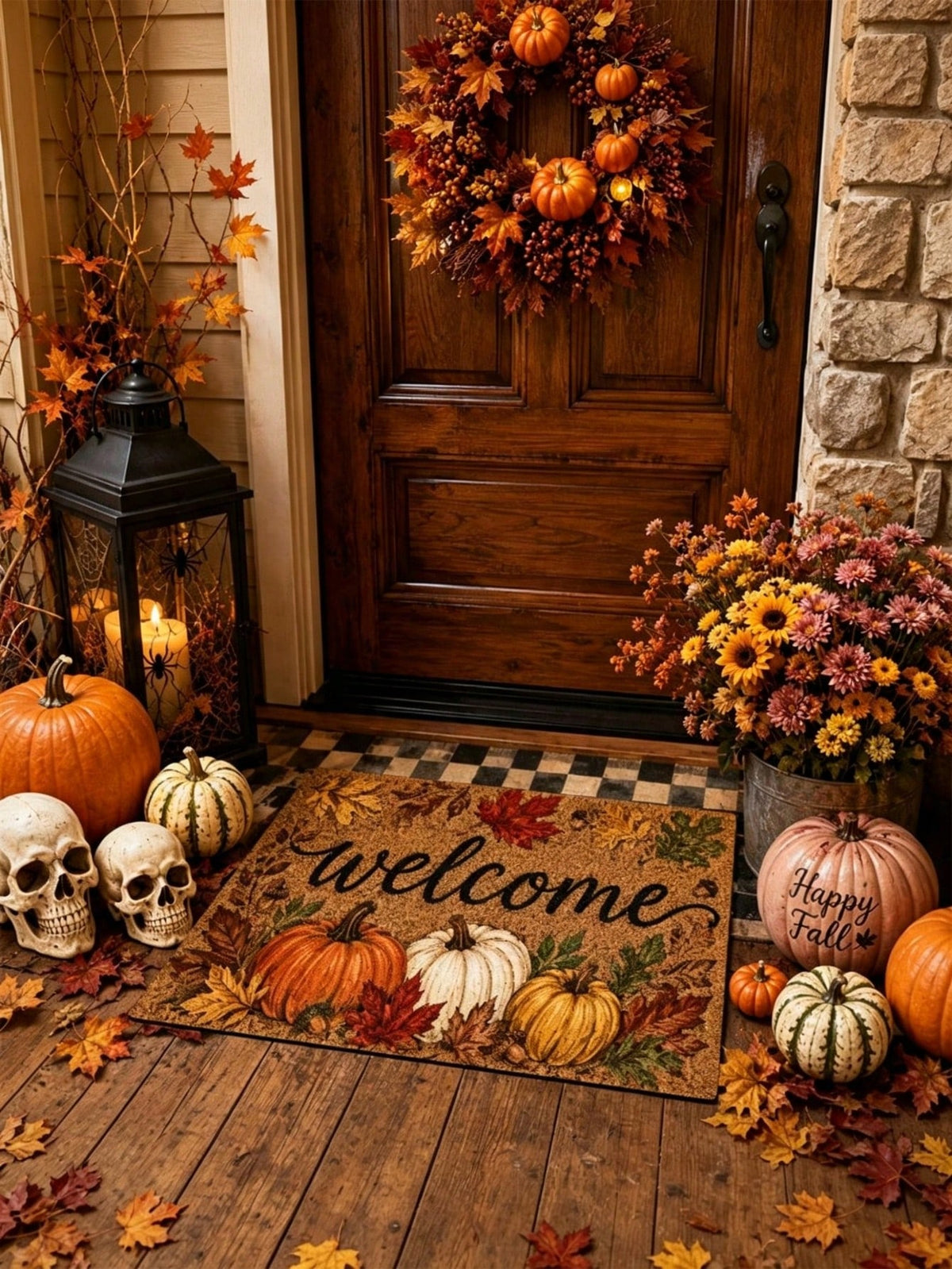 1pc Fall Pumpkin And Maple Leaf Welcome Pattern Rugs/Door Mat, Nonslip Comfortable, Easy To Clean, Ideal For Entryway Bedroom Living Room, Fall Decor, Halloween Decor, Fall Home Decor, Home Decor