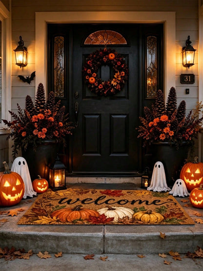 1pc Fall Pumpkin And Maple Leaf Welcome Pattern Rugs/Door Mat, Nonslip Comfortable, Easy To Clean, Ideal For Entryway Bedroom Living Room, Fall Decor, Halloween Decor, Fall Home Decor, Home Decor