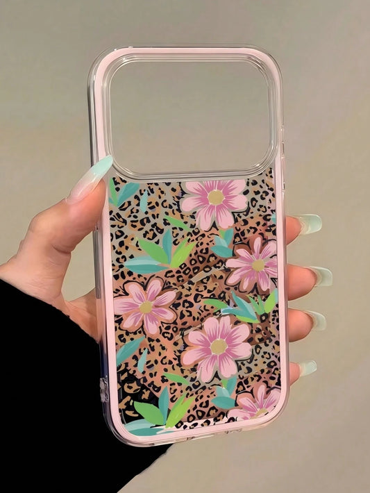 1pc Fashion Leopard Print Hibiscus Floral Pink Color Block Shockproof Phone Case, Minimalist Color Block Soft Edge Transparent Cover Apple Phone Case, Compatible With IPhone17 17pro 17promax 16 16plus