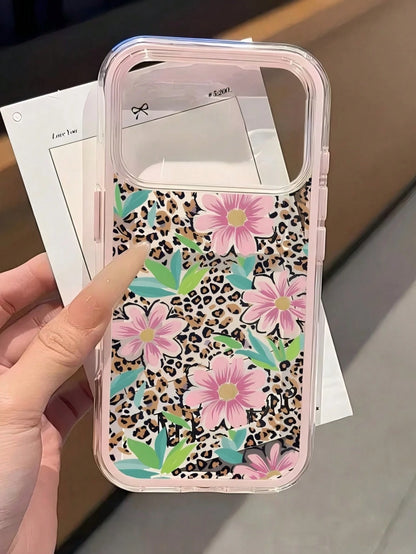 1pc Fashion Leopard Print Hibiscus Floral Pink Color Block Shockproof Phone Case, Minimalist Color Block Soft Edge Transparent Cover Apple Phone Case, Compatible With IPhone17 17pro 17promax 16 16plus