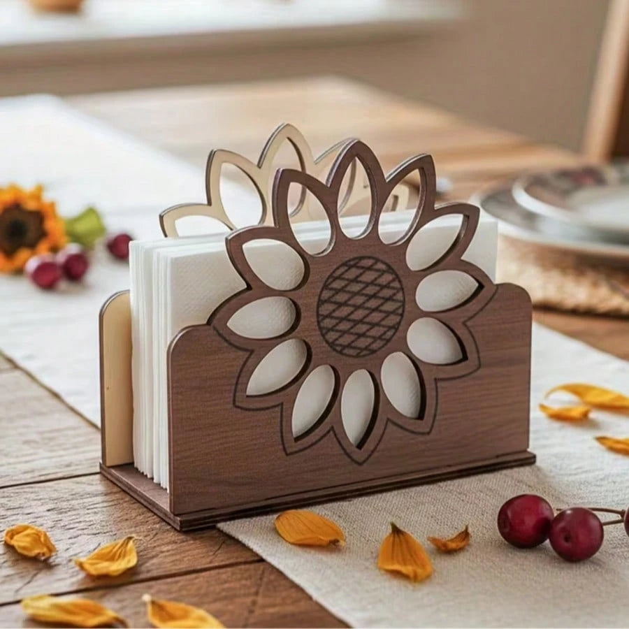 1pc Fashion Sunflower Tissue Box Holder, Wood Grain Desktop Tissue Box, Kitchen Countertop Or Dining Table Decor, Home Tissue Storage (Suitable For Tissues, Papers, Menu Cards)