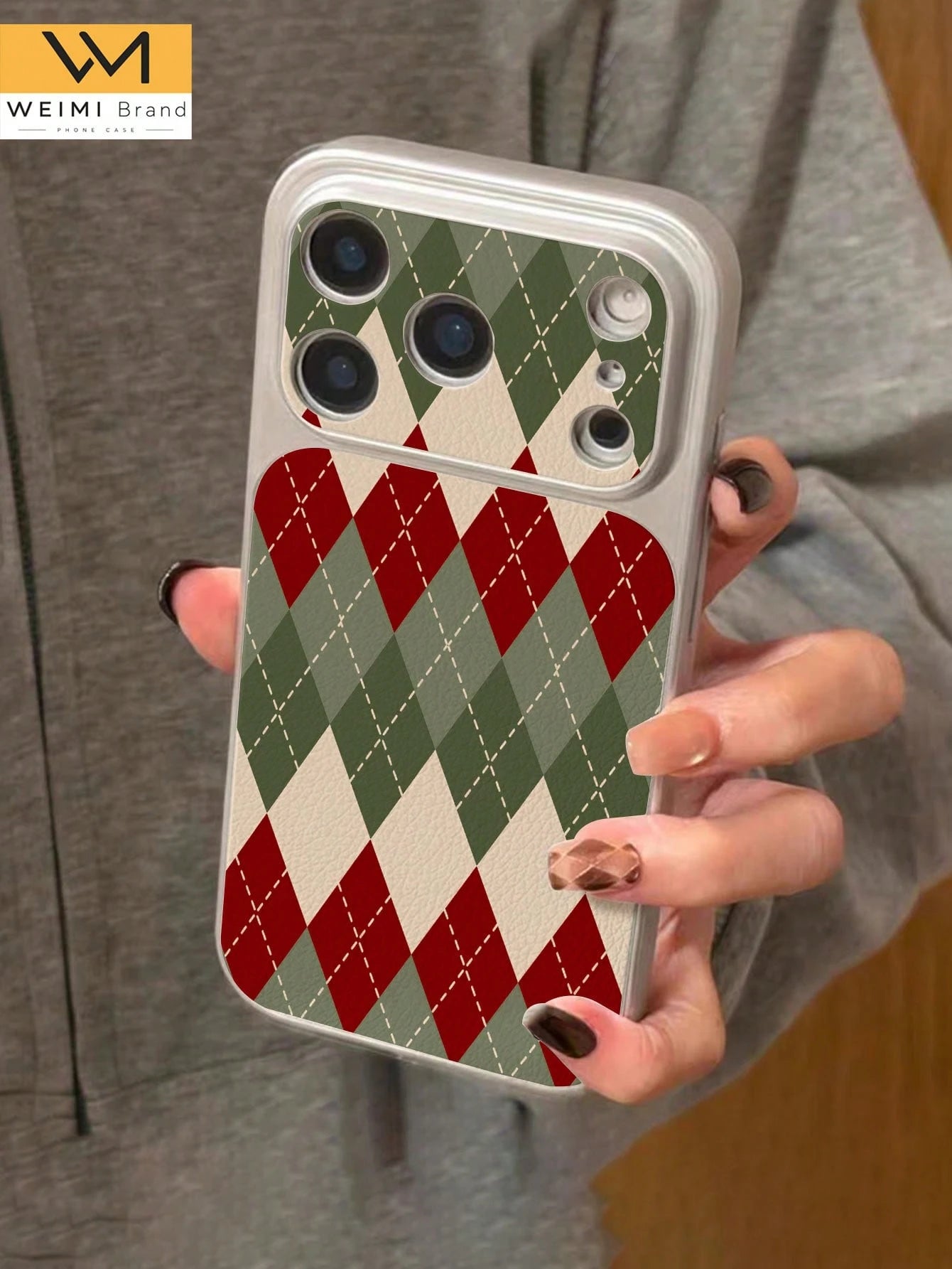 1pc Fashionable Personalized Red & Green Rhombus Pattern Full Coverage Button Classic Anti-Drop Metallic Paint Premium Texture Soft Texture PU Leather Phone Case, Suitable As Birthday Gift, Holiday Gi