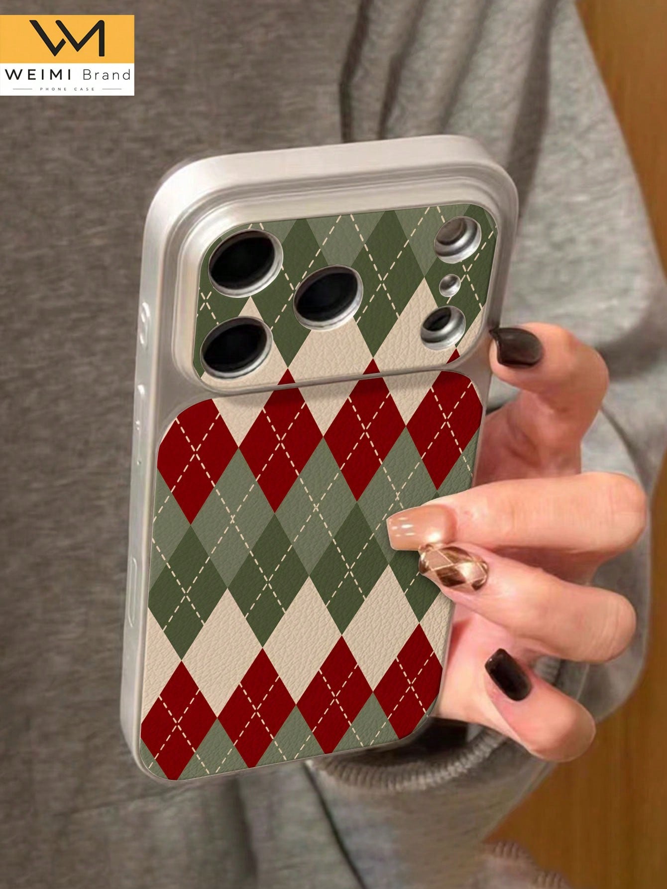 1pc Fashionable Personalized Red & Green Rhombus Pattern Full Coverage Button Classic Anti-Drop Metallic Paint Premium Texture Soft Texture PU Leather Phone Case, Suitable As Birthday Gift, Holiday Gi