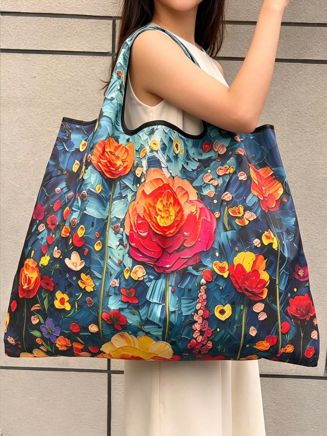 1pc Floral Print Oil Painting 3D Fashion Large Capacity Tote Bag, Portable Foldable Handbag, Shopping Bag, Shoulder Bag, Reusable Bag