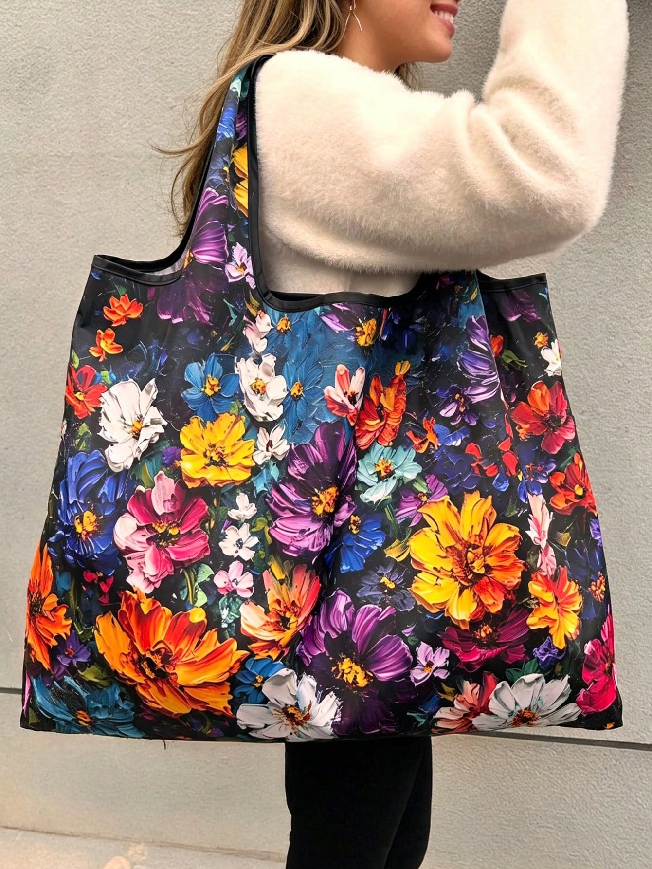 1pc Floral Print Oil Painting 3D Fashion Large Capacity Tote Bag, Portable Foldable Handbag, Shopping Bag, Shoulder Bag, Reusable Bag