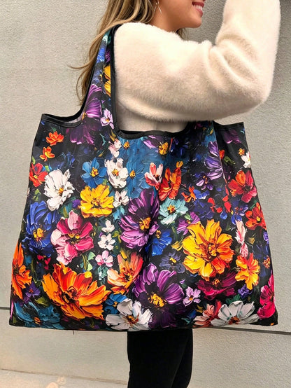 1pc Floral Print Oil Painting 3D Fashion Large Capacity Tote Bag, Portable Foldable Handbag, Shopping Bag, Shoulder Bag, Reusable Bag