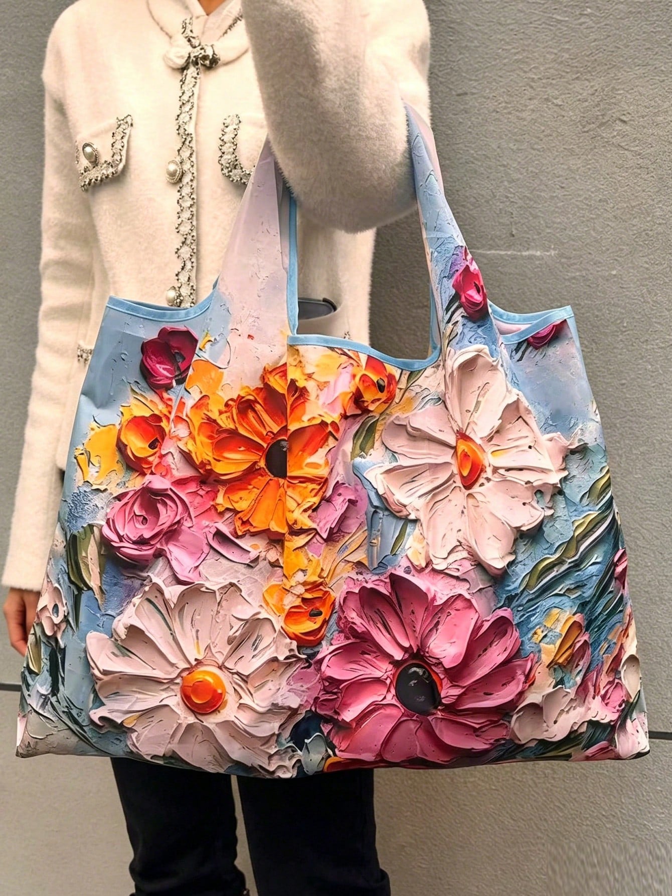 1pc Floral Print Oil Painting 3D Fashion Large Capacity Tote Bag, Portable Foldable Handbag, Shopping Bag, Shoulder Bag, Reusable Bag