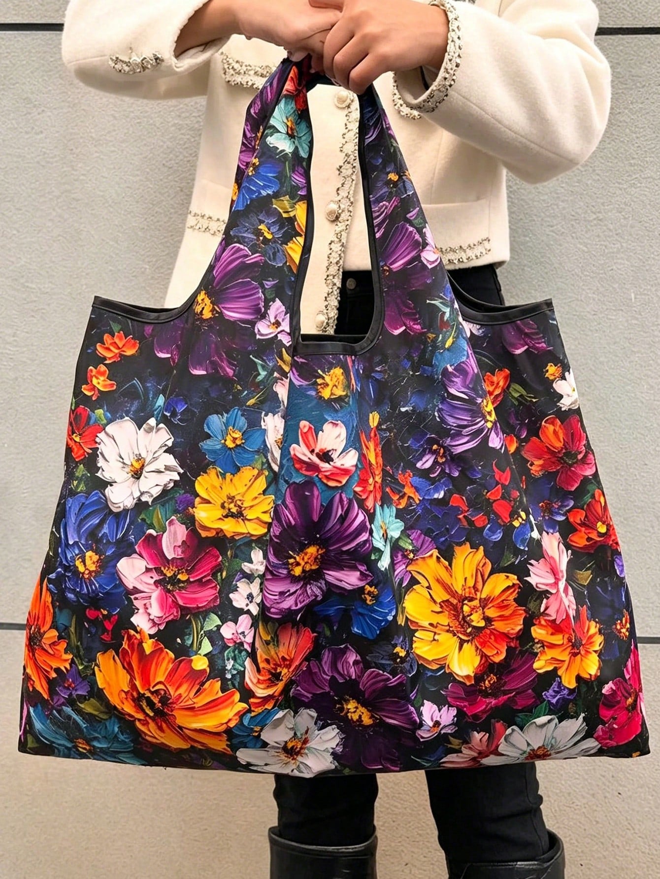 1pc Floral Print Oil Painting 3D Fashion Large Capacity Tote Bag, Portable Foldable Handbag, Shopping Bag, Shoulder Bag, Reusable Bag